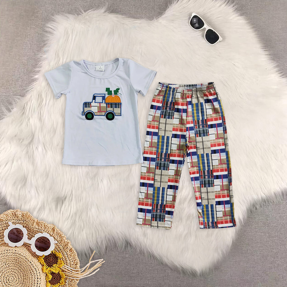 8.13  RTS Sibling Dog pumpkin embroidery plaid pants baby boy fall clothes
