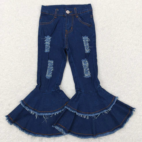 11.6 RTS Sibling Baby Girls Blue Ruffle Bell Bottom Denim Pants Jeans