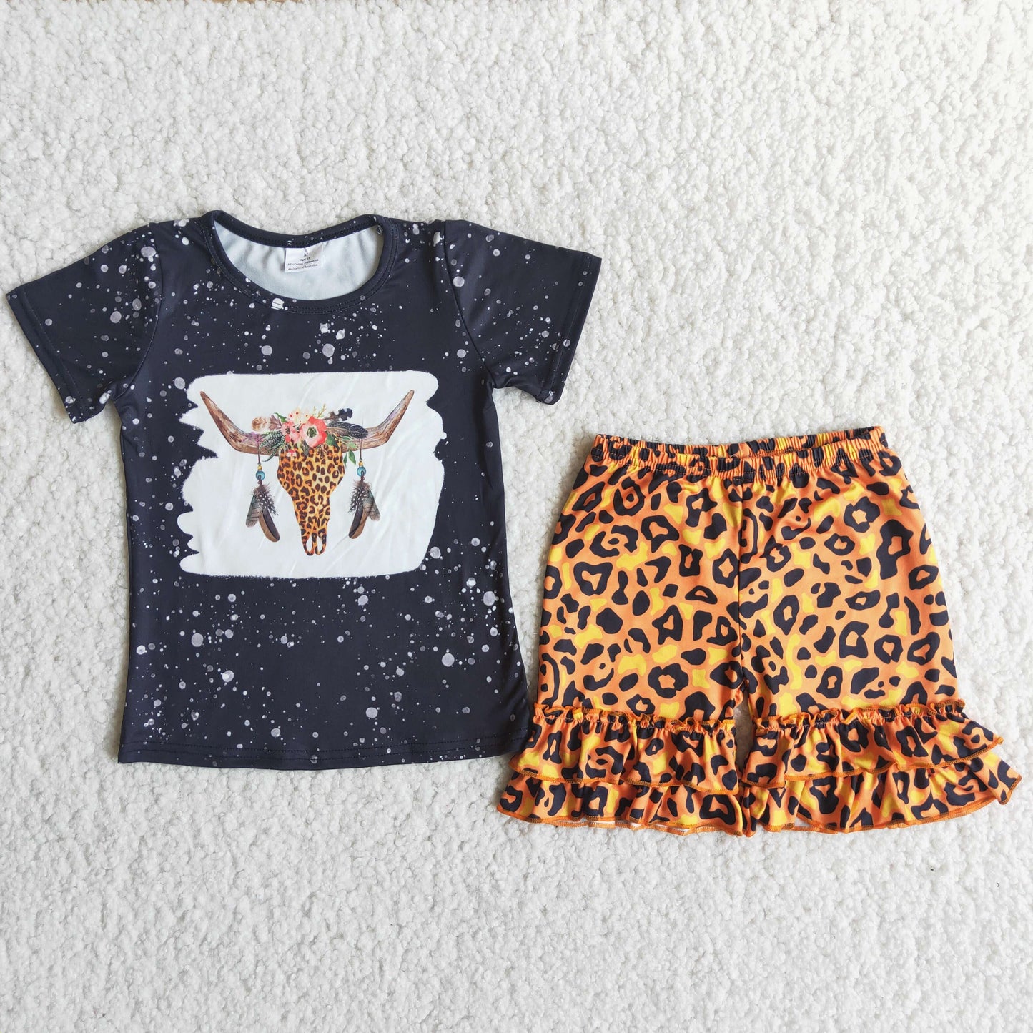 C14-37  Baby Girls Summer Outfits Heifer black T-shirt Leopard Shorts sets