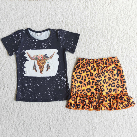 C14-37  Baby Girls Summer Outfits Heifer black T-shirt Leopard Shorts sets