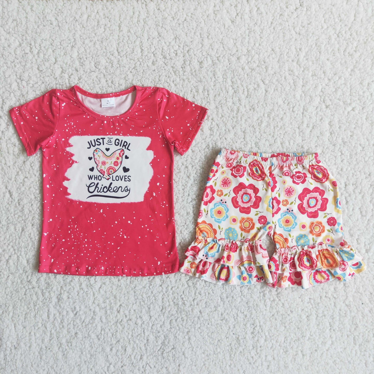 C14-4 Baby Girls Summer Outfits Red Chicken flower Shorts sets