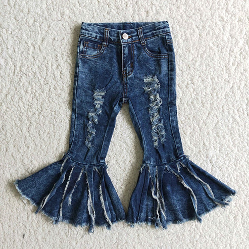 11.6 RTS Sibling Baby Girls Blue Ruffle Bell Bottom Denim Pants Jeans