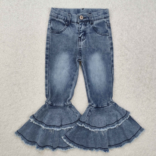 USA Shop (in stock) C5-15White washed ruffle bell bottom girls denim pants