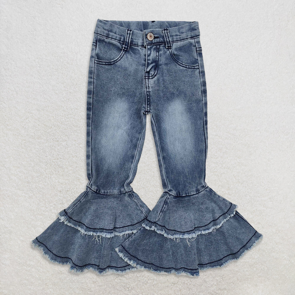 USA Warehouse (IN STOCK)  Girls Distressed Ruffle Bell Bottom Denim Pants Light Tassels Detailing Bell Bottom Jeans for Kids
