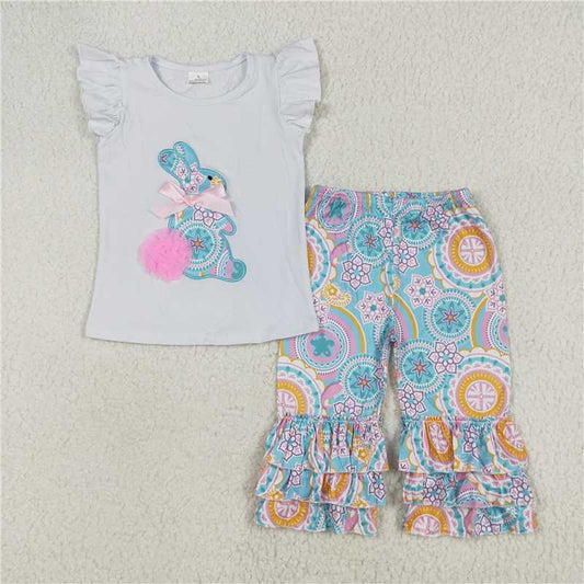 C7-4Bunny embroidery paisley ruffle capris kids girls easter clothes