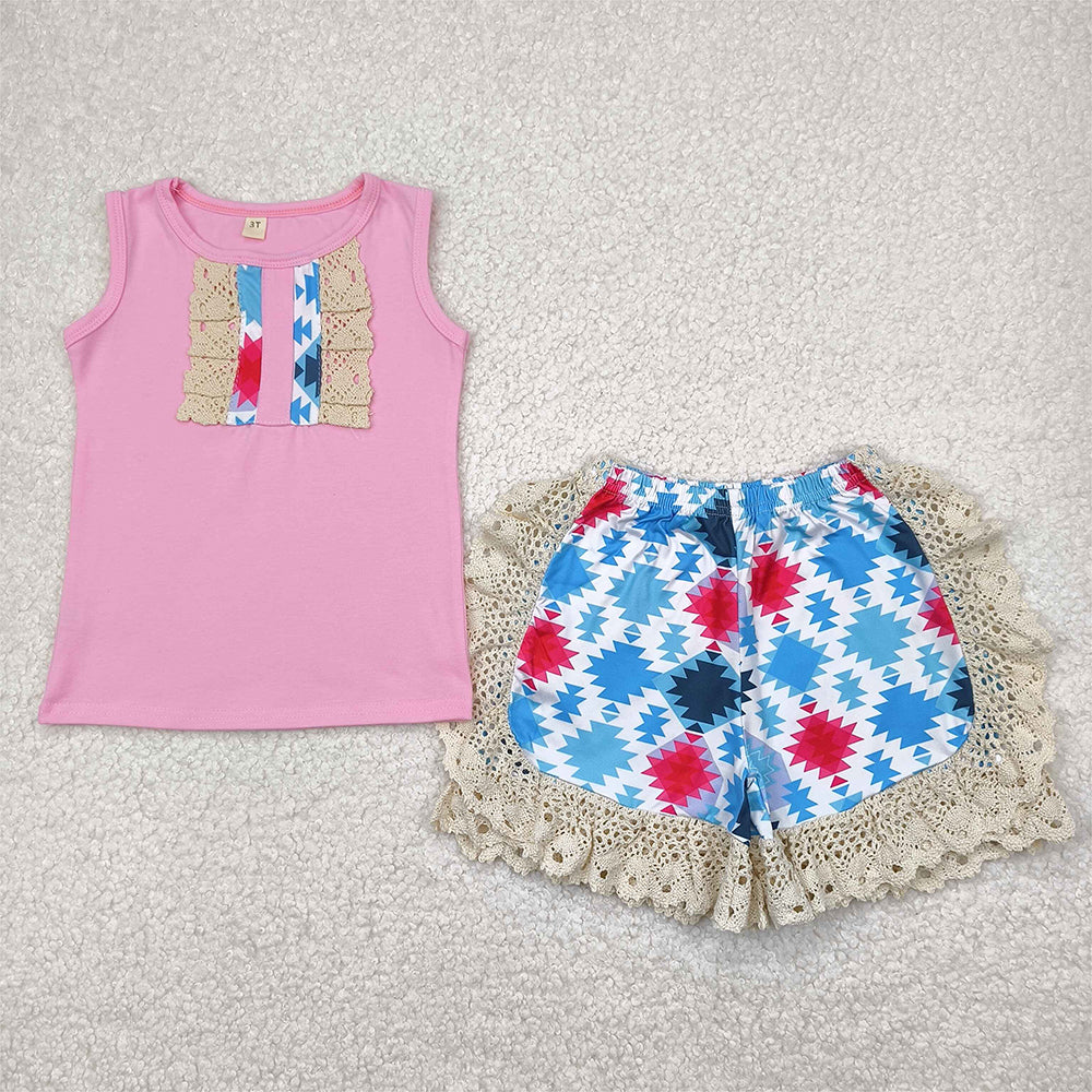 7.16  C7-5-1 RTS NO MOQ Baby Girls Summer Outfits Baby girls pink top aztec lace ruffle shorts outfits sets