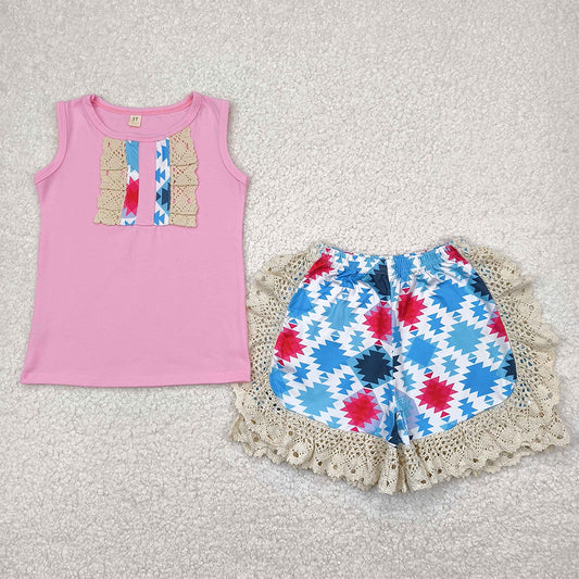 7.16  C7-5-1 RTS NO MOQ Baby Girls Summer Outfits Baby girls pink top aztec lace ruffle shorts outfits sets