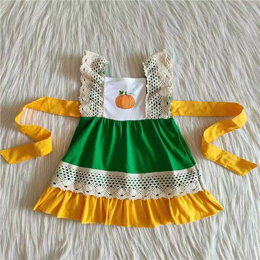 9.22 C9-10 Baby Girls Winter Outfits Girl Baby Girls Green Pumpkin Belts Lace Dresses
