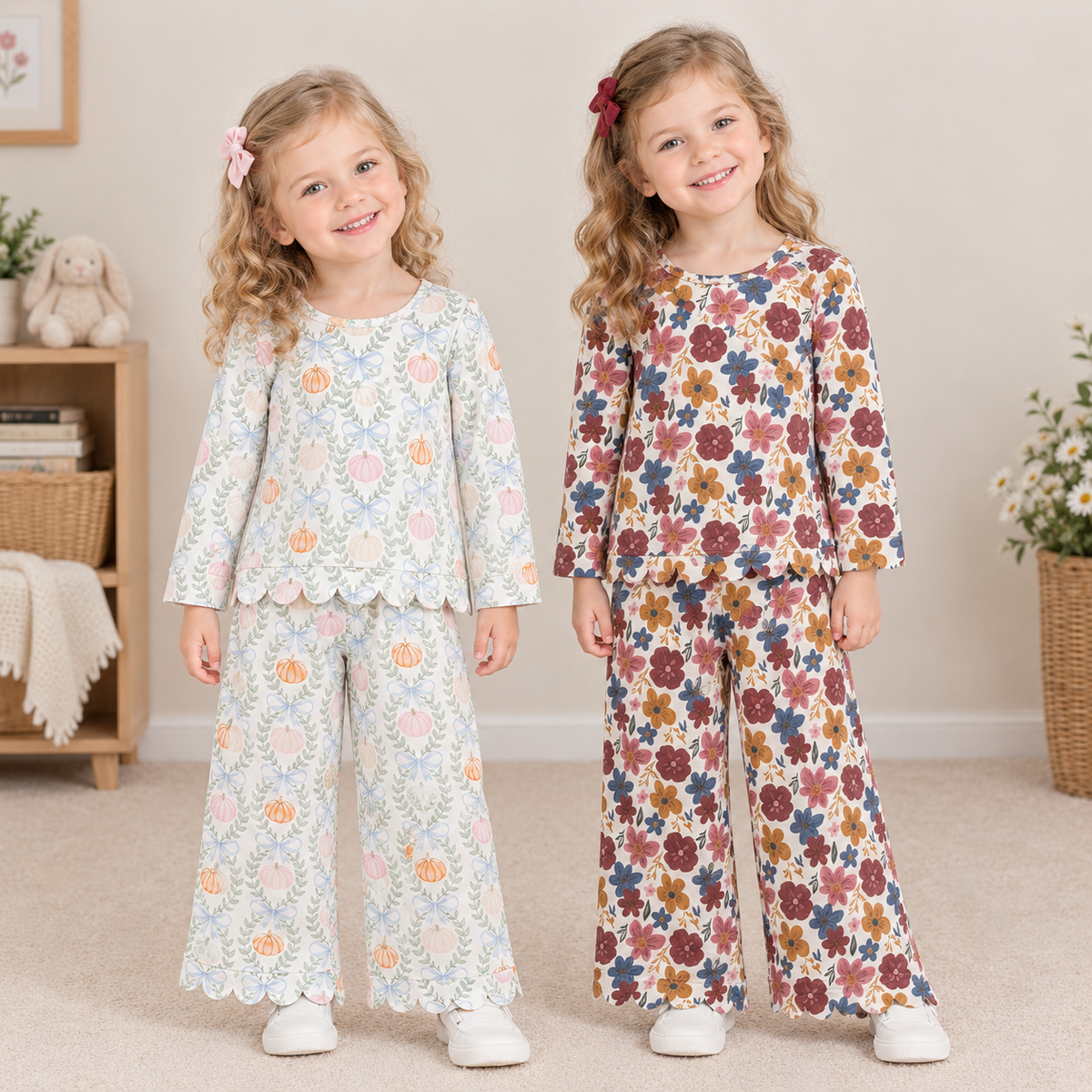 RTS NO MOQ Sibling milk silk Baby Girls Pumpkin Floral Print Scallop Edge Long Sleeve Top And Pant Set
