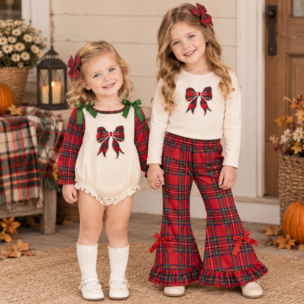 RTS NO MOQ Sibling milk silk Baby Girls Christmas Plaid Bow Embroidered Long Sleeve Top And Bell Bottom Outfit Romper