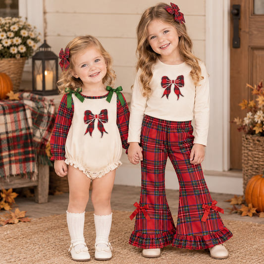 RTS NO MOQ Sibling milk silk Baby Girls Christmas Plaid Bow Embroidered Long Sleeve Top And Bell Bottom Outfit Romper