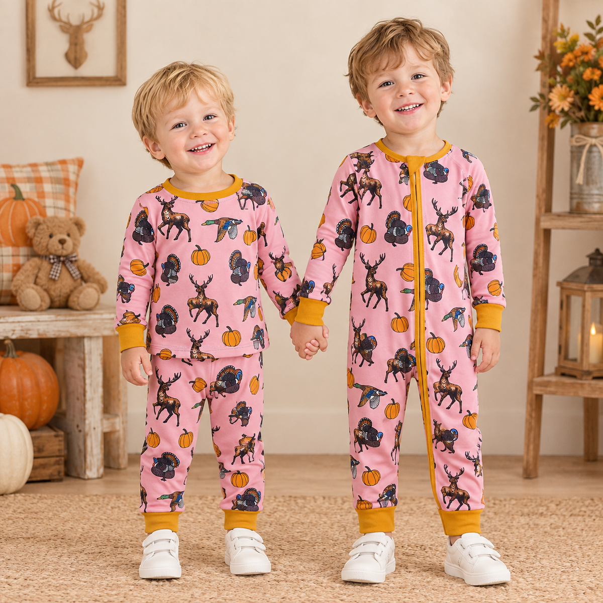 RTS NO MOQ Sibling milk silk Baby Girls Pink Thanksgiving Turkey Deer Pumpkin Print Baby Zipper Romper Kids Pajama Set Blanket