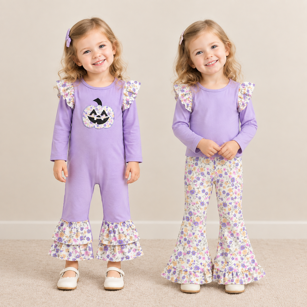 RTS NO MOQ Sibling milk silk Embroidery Baby Girls Purple Floral Pumpkin Long Sleeve Top And Floral Flare Pant Set Baby Ruffle Romper