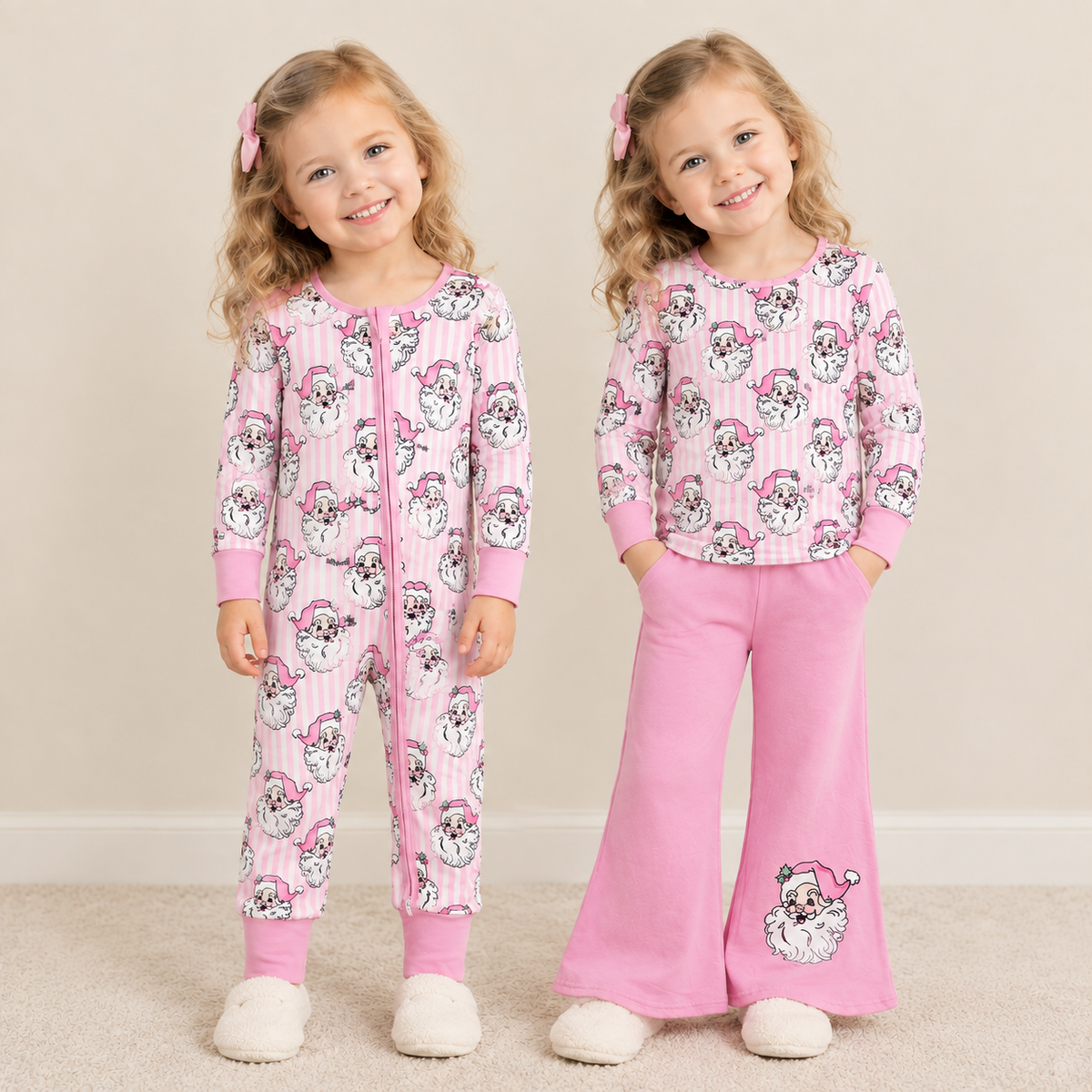 RTS NO MOQ Sibling milk silk Baby Girls Pink Stripe Santa Top Flare Pant Christmas Clothes Sets Romper