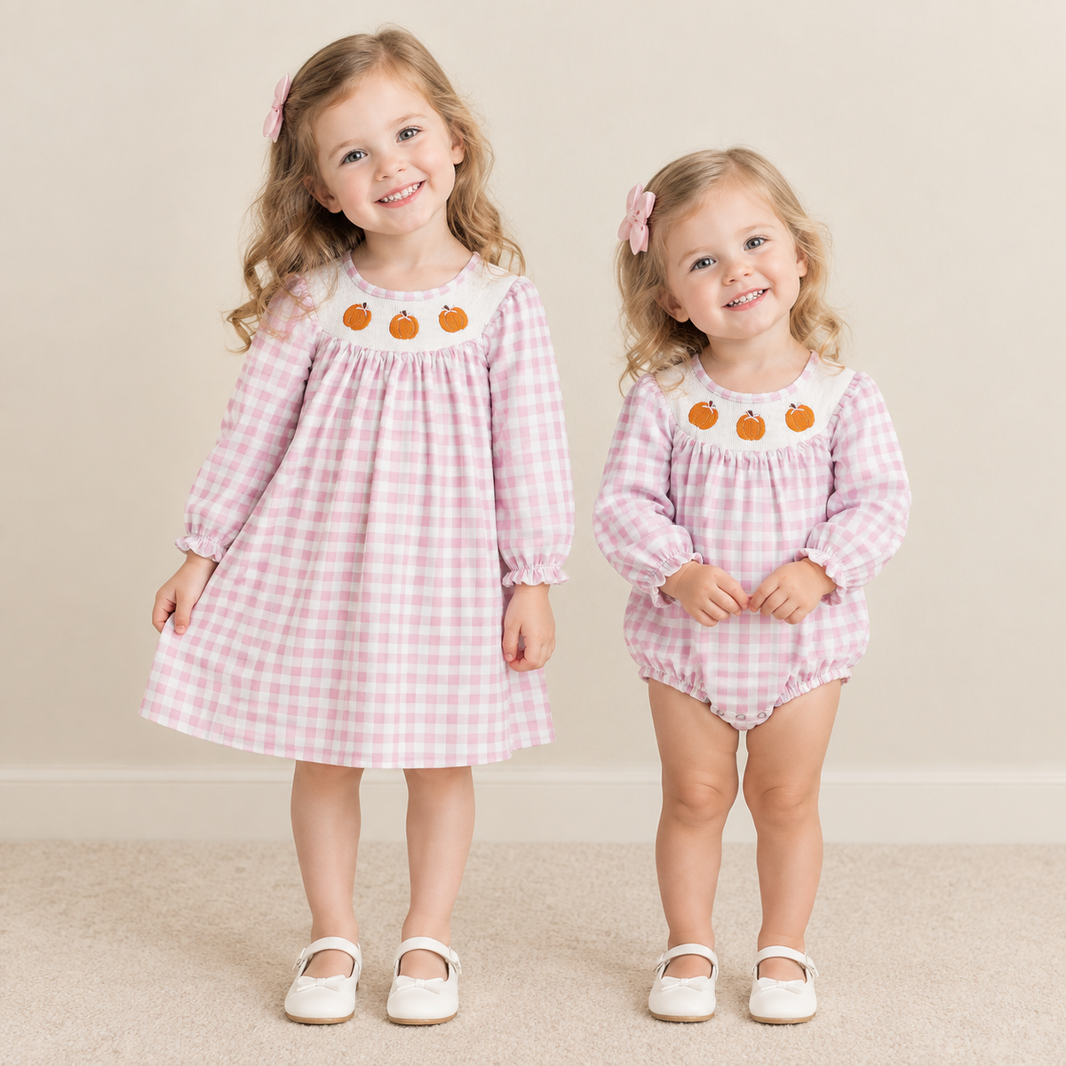 RTS NO MOQ Sibling milk silk Smocked Bows Pumpkins Pink Checked Fall Knee Length Dress Ruffle Rompers