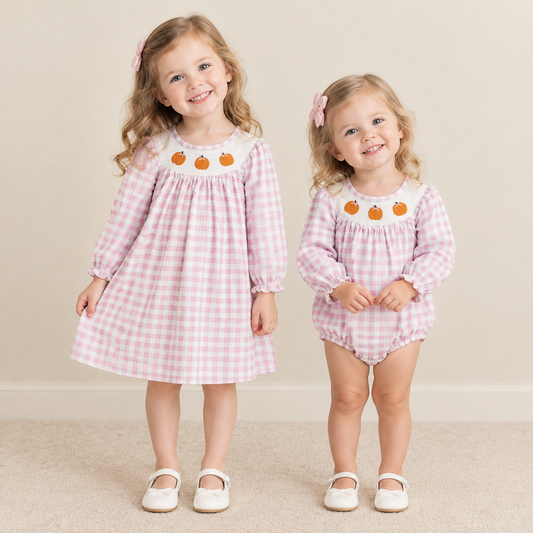 RTS NO MOQ Sibling milk silk Smocked Bows Pumpkins Pink Checked Fall Knee Length Dress Ruffle Rompers