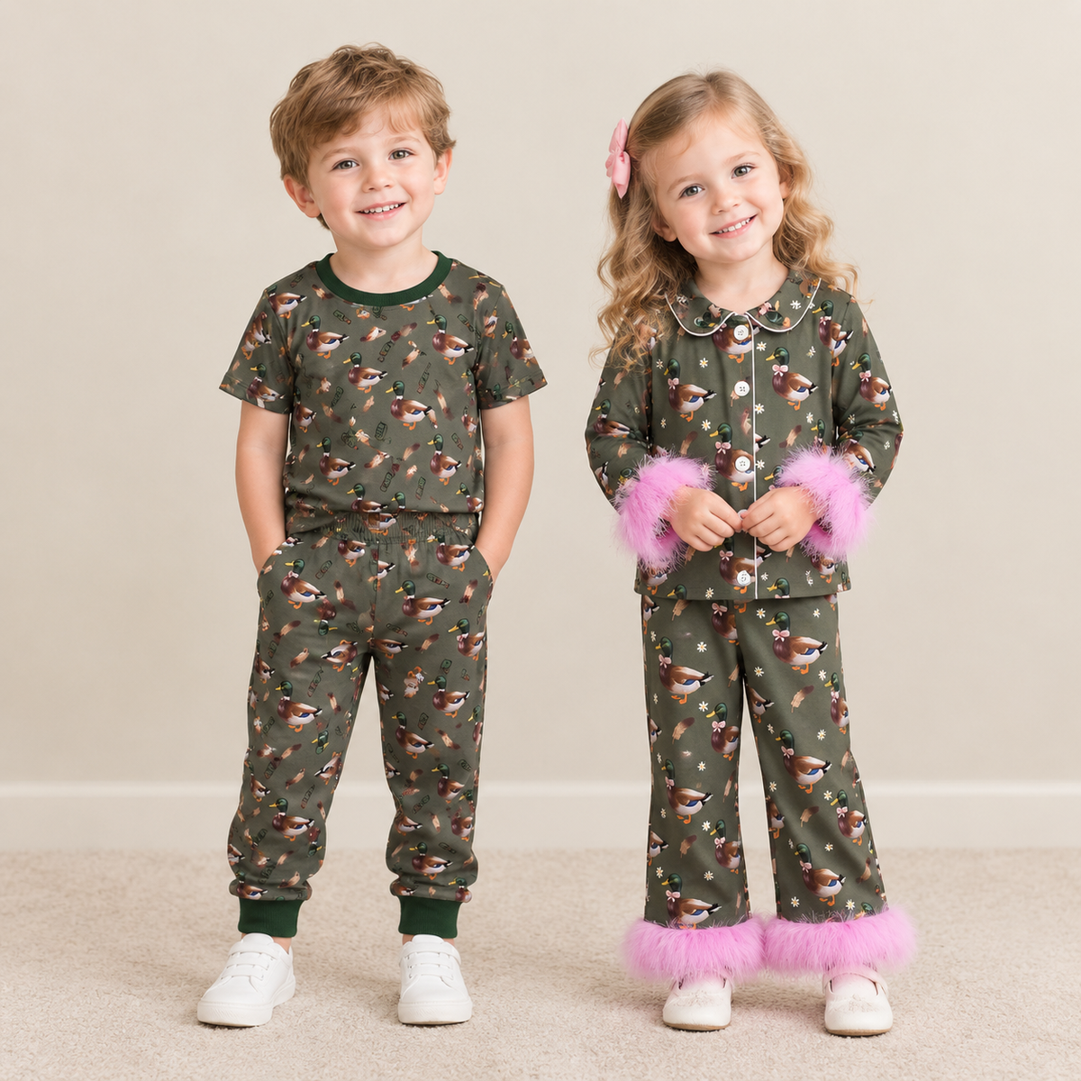 RTS NO MOQ Sibling milk silk Kids Duck Print Short Sleeve Pajama Set Pink Fur Trim Long Sleeve Button Pjs And Minky Baby Blanket