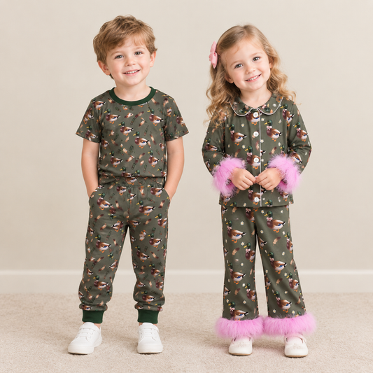 RTS NO MOQ Sibling milk silk Kids Duck Print Short Sleeve Pajama Set Pink Fur Trim Long Sleeve Button Pjs And Minky Baby Blanket