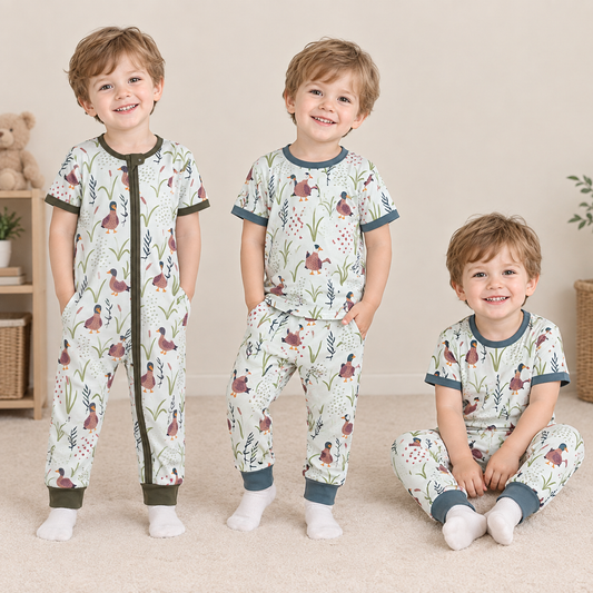 RTS NO MOQ Sibling milk silk Baby Boys Duck Print Bamboo Zipper Romper Kids Short Sleeve Pant Set
