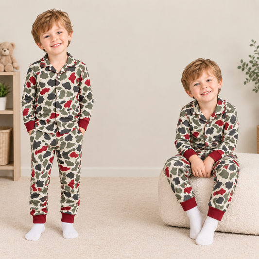 RTS NO MOQ Sibling milk silk Baby Boys Christmas Camo Print Button Down Shirt Long Sleeve Pant Pajama Set