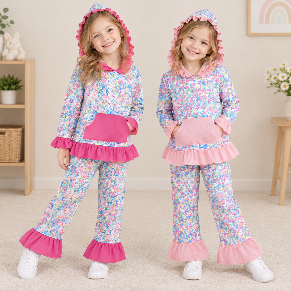 RTS NO MOQ Sibling milk silk Baby Girls Colorful Floral Print Ruffle Hoodie Flare Pant Outfit