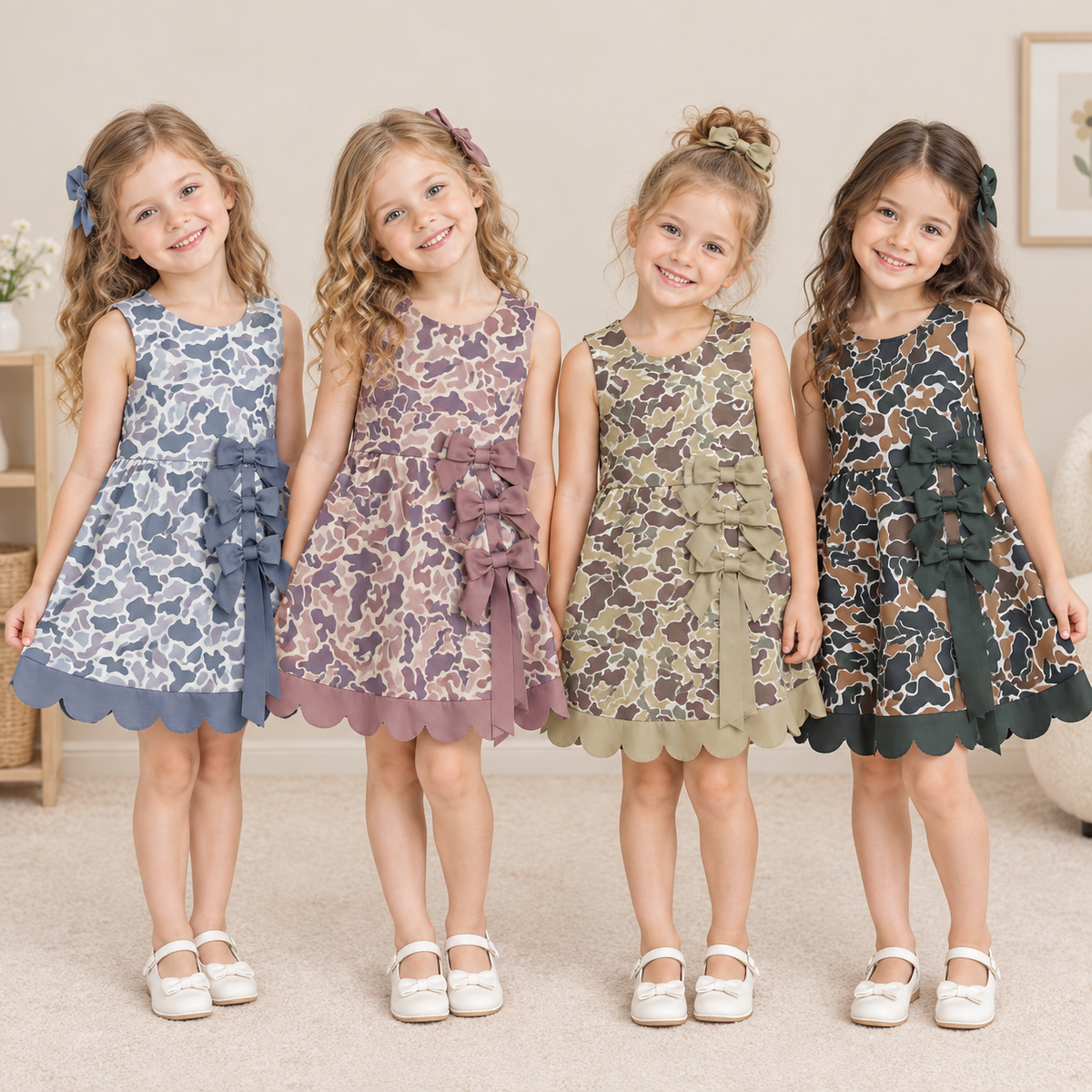RTS NO MOQ Sibling yoga fabric Baby Girls Camo Sleeveless Dress Back Bow Scallop Hem Casual Summer Dress