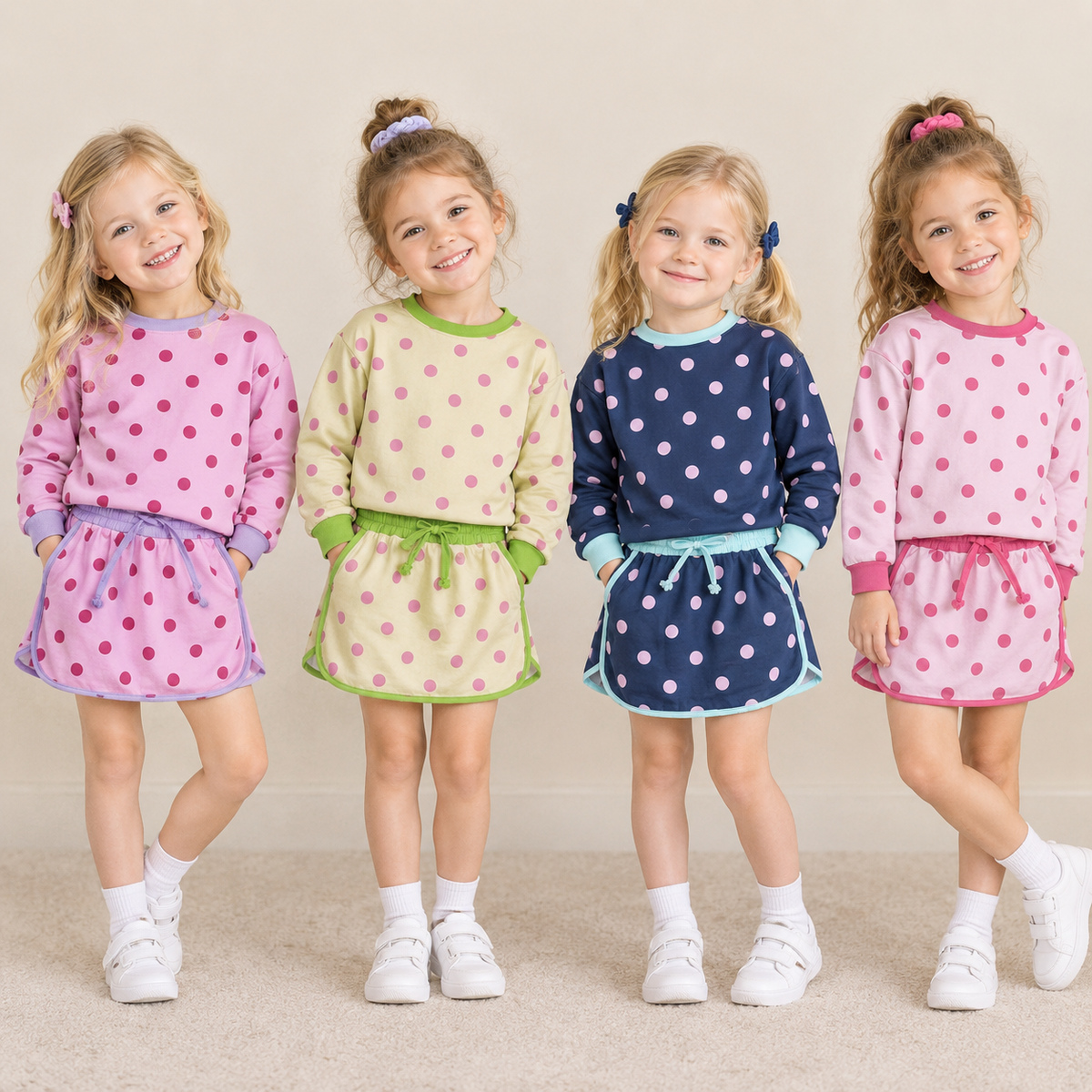 RTS NO MOQ Sibling milk silk Baby Girls Polka Dot Long Sleeve Top Drawstring Skirt Short Set