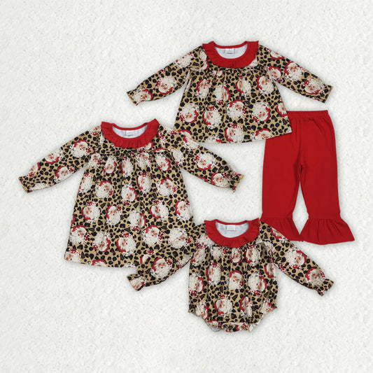 10.3 RTS Sibling Baby Girls Christmas Leopard Santa Rompers Dresses Outfits