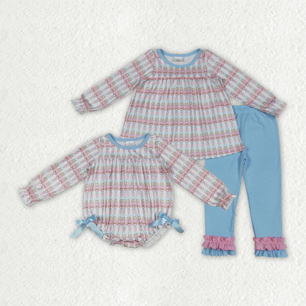 10.2 RTS Sibling Baby Girls Christmas Soldier Top Blue Rompers Outfits