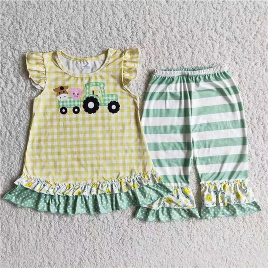 2.2  D9-12 RTS No Moq Clearance Girls Farm yellow tunic ruffle pants sets