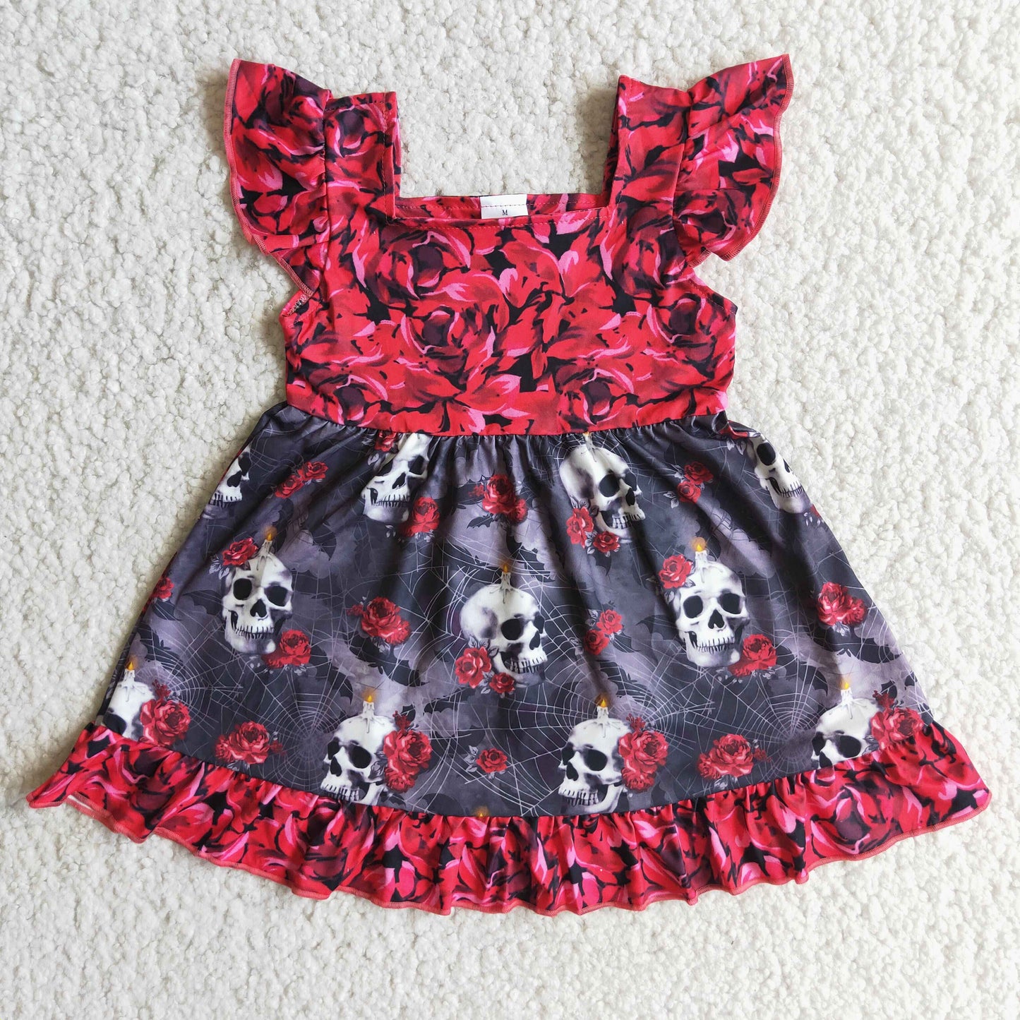 E1-13 Baby Girls Summer Dress Floral Skull Halloween Dress with Flutter Sleeves Children's Spooky Costume