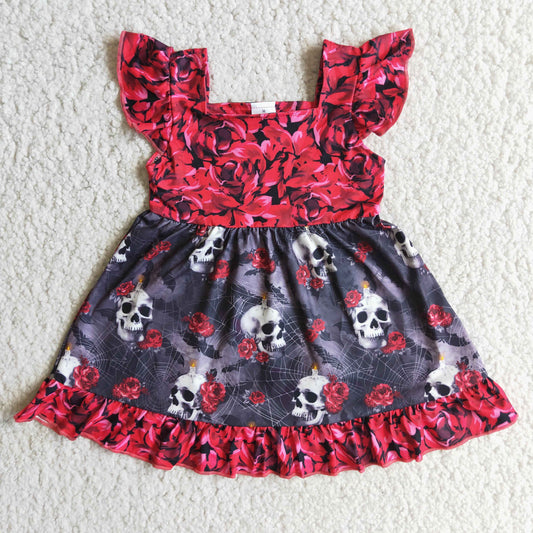 E1-13 Baby Girls Summer Dress Floral Skull Halloween Dress with Flutter Sleeves Children's Spooky Costume