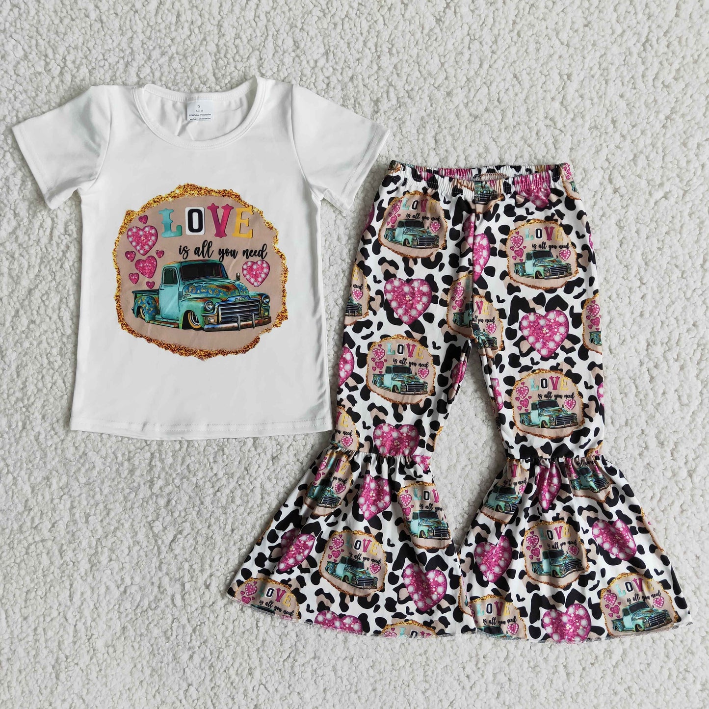 3.21 E13-26 RTS No Moq Clearance Baby Girls Summer short sleeve shirt bell bottom pants clothing sets
