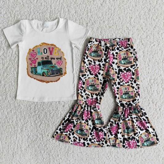 3.21 E13-26 RTS No Moq Clearance Baby Girls Summer short sleeve shirt bell bottom pants clothing sets