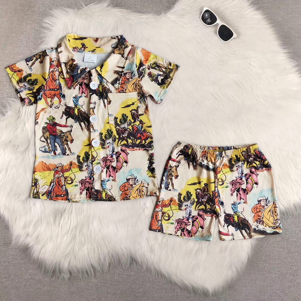 8.14  RTS Sibling Baby Boys Summer Boys Outfits Cow boy horse print boy short sleeve shorts summer pajamas