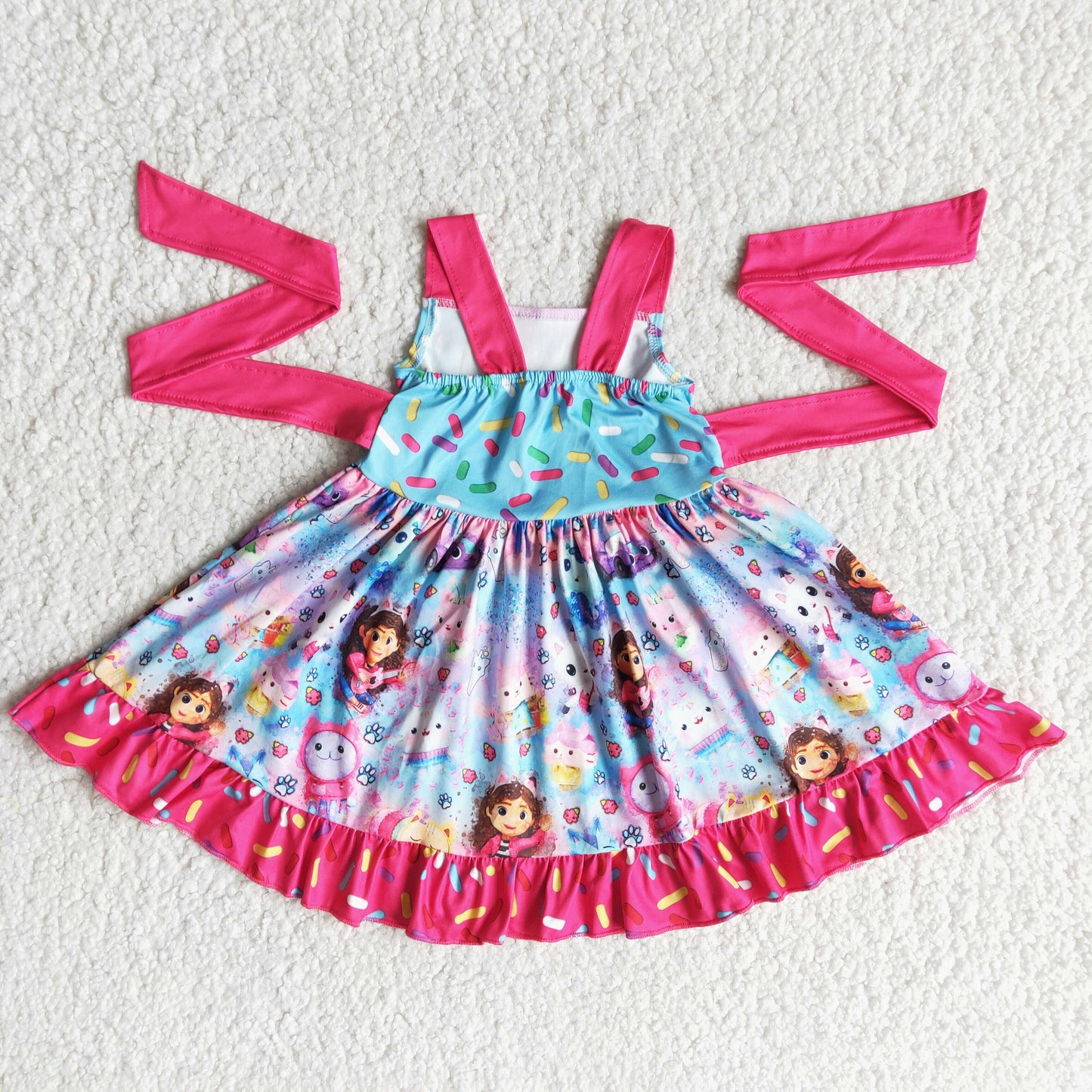 E14-2  Baby girls cartoon cat twirl design knee length dresses
