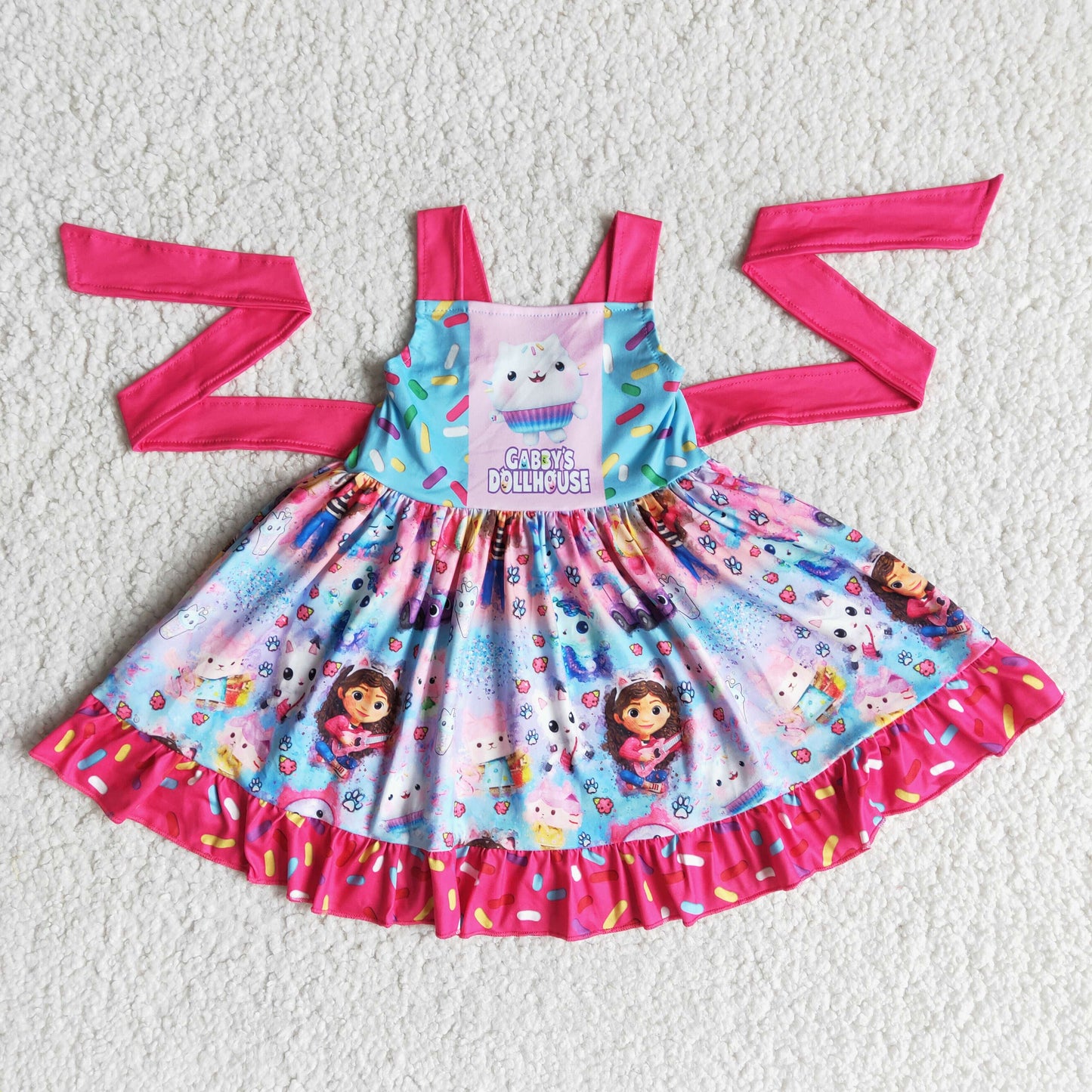 E14-2  Baby girls cartoon cat twirl design knee length dresses