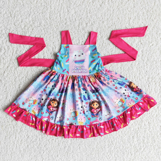 E14-2  Baby girls cartoon cat twirl design knee length dresses