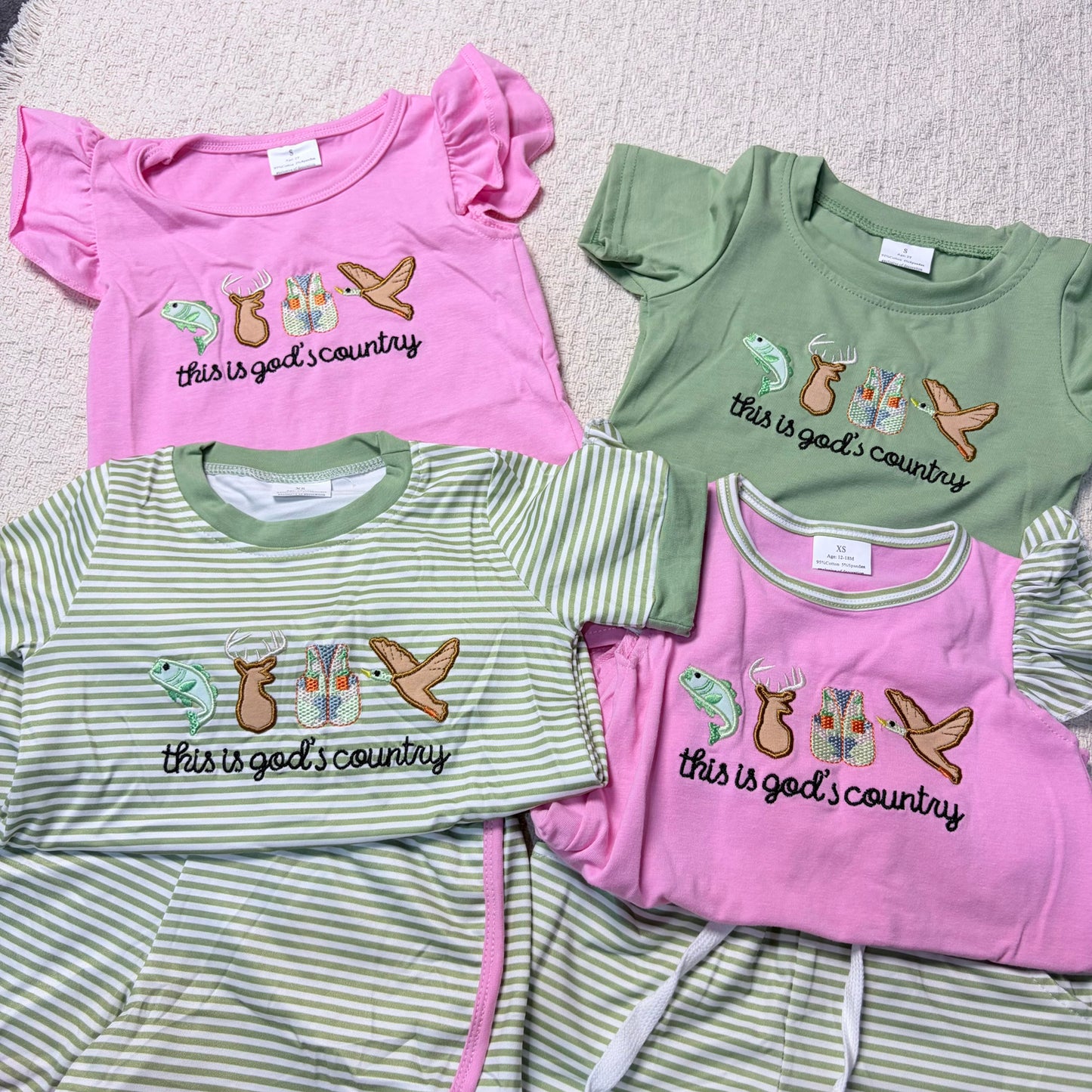 0514 RTS Sibling This is god's country fish deer duck top shorts kids clothes and romper