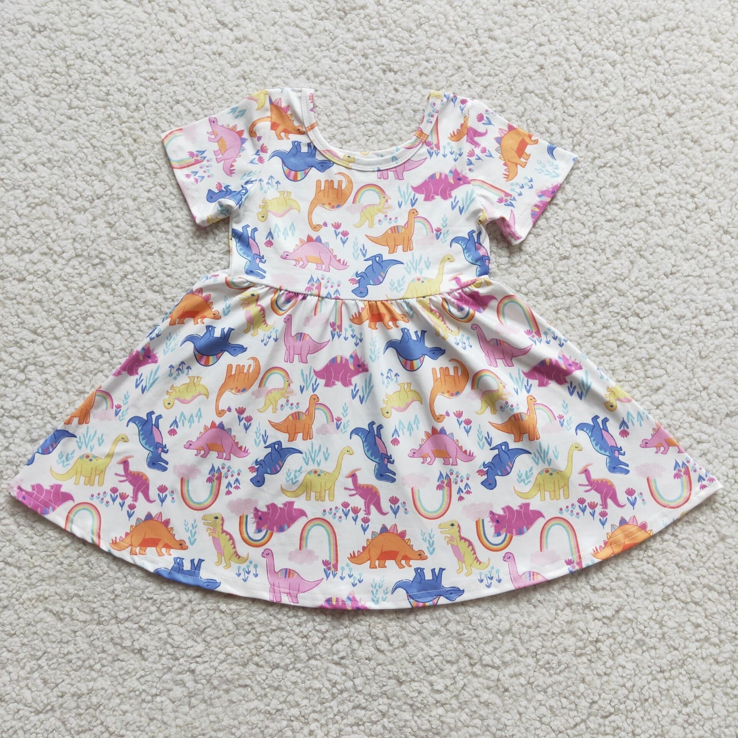 3.7 E3-13 RTS No Moq Clearance Baby girls Dinosaur Rainbow Knee Length Dresses
