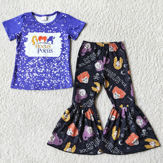 9.27 E3-17 RTS No Moq Clearance Baby Girls Winter Outfits Girl Bleached witches shirt match bell bottom pants