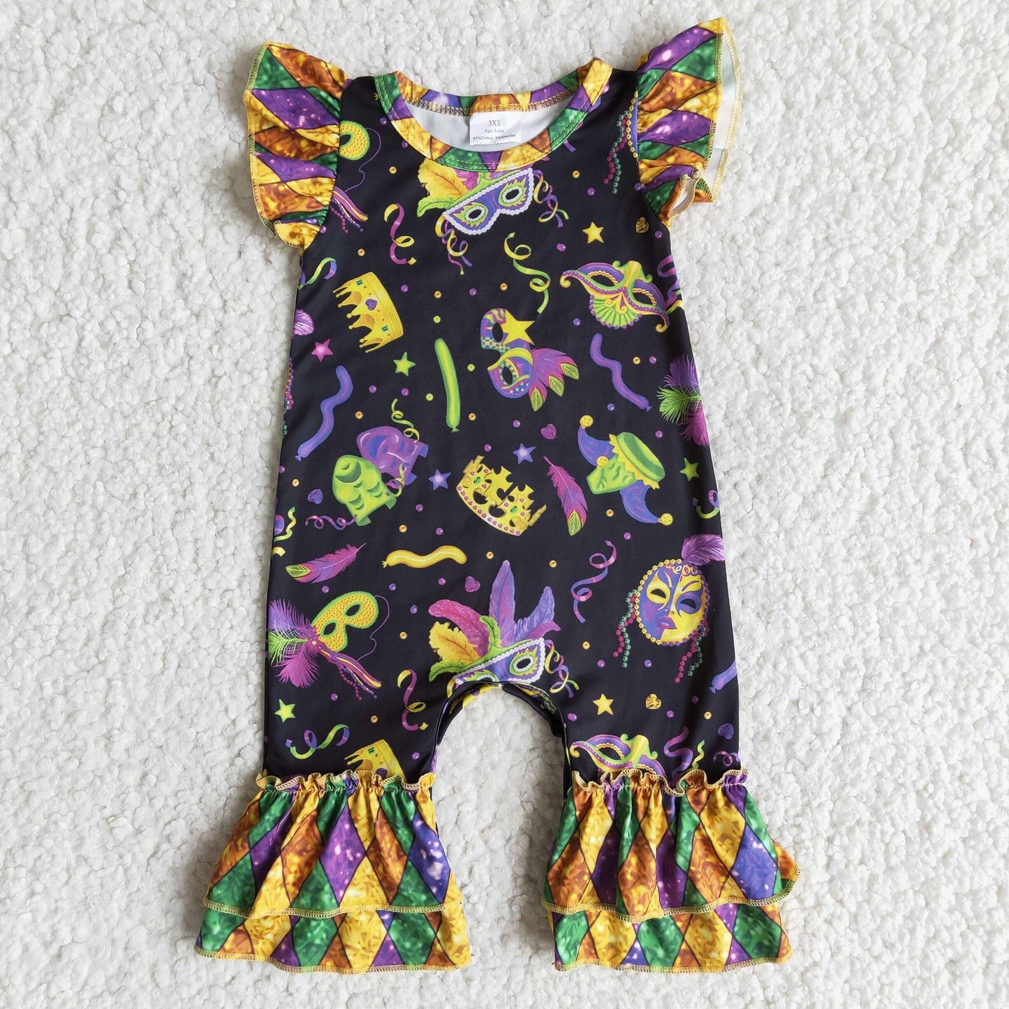 12.27 E7-14 RTS No Moq Promotion Baby girls Mardi Gras flutter sleeve rompers