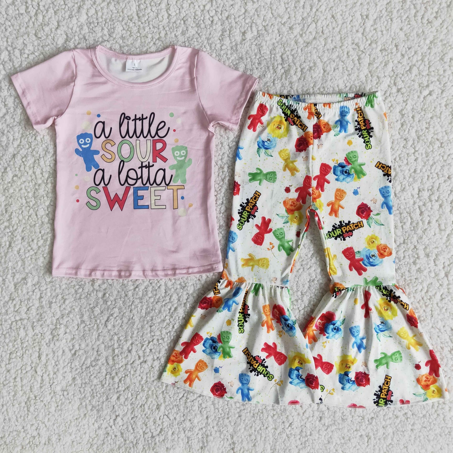 3.14 E9-11 RTS No Moq Clearance Baby Girls Summer Short sleeve A little Sour a lot sweet bell bottom pants sets