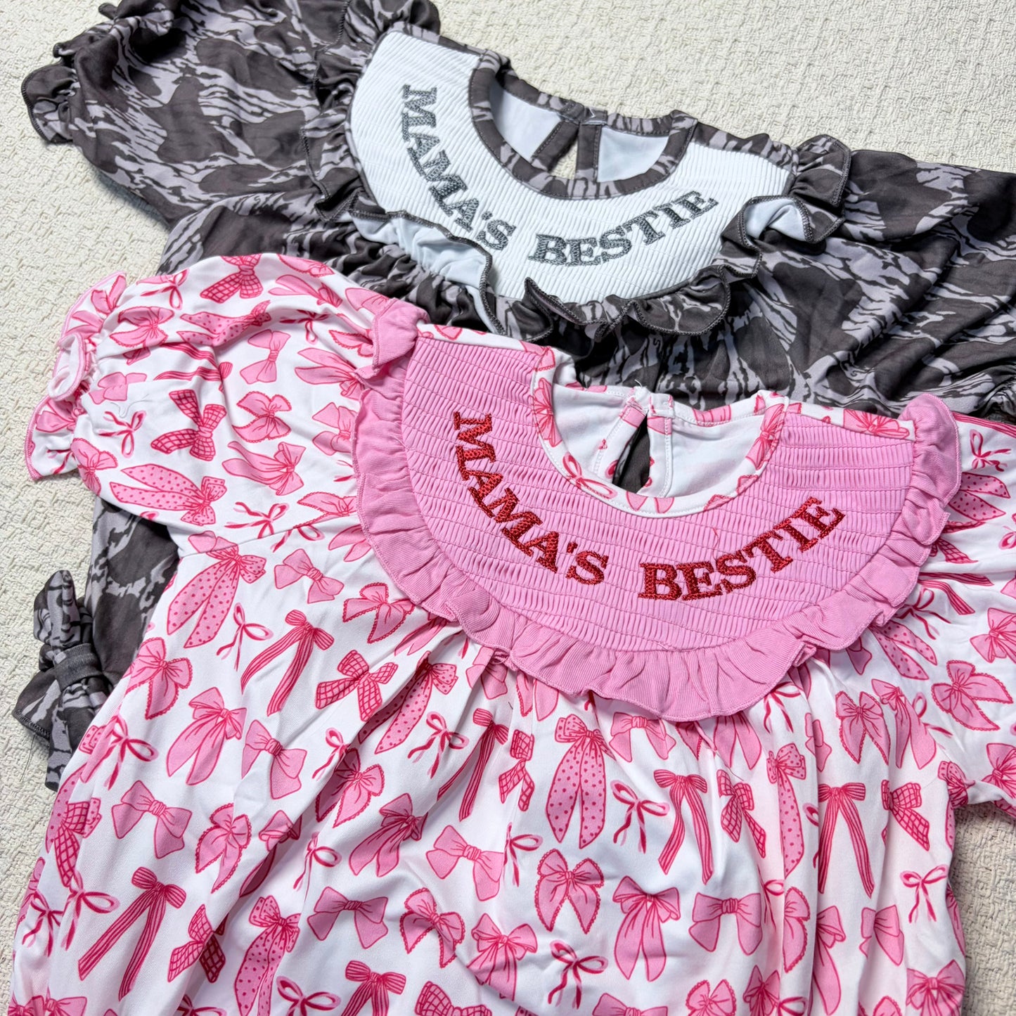 0514 RTS Sibling mama's bestie smock short sleeves heart baby girl romper