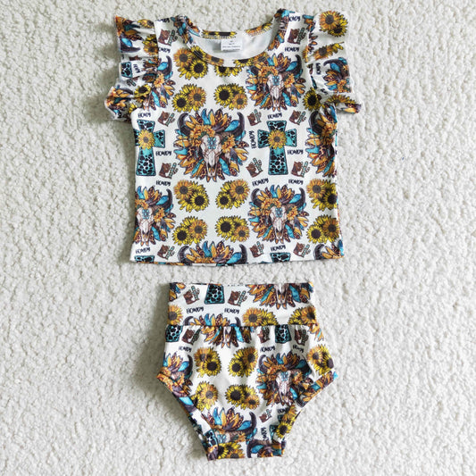 3.21 GBO0047 RTS No Moq Promotion Baby Girls western sunflower cow skull bummie sets