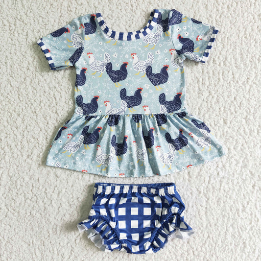 3.21 GBO0049  RTS No Moq Promotion Baby Girls Short Sleeve Blue chicken bummie sets