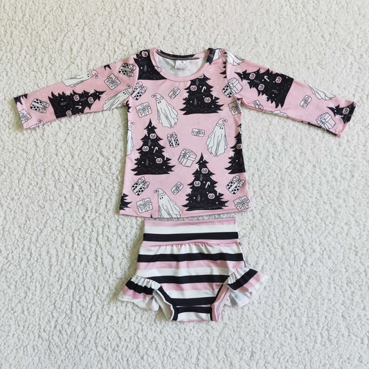 9.23  GBO0051 Baby Girls Summer Clothes Baby Girls Halloween Lavender Long Sleeves Ghost Gifts Top Ruffle Bummie Sets