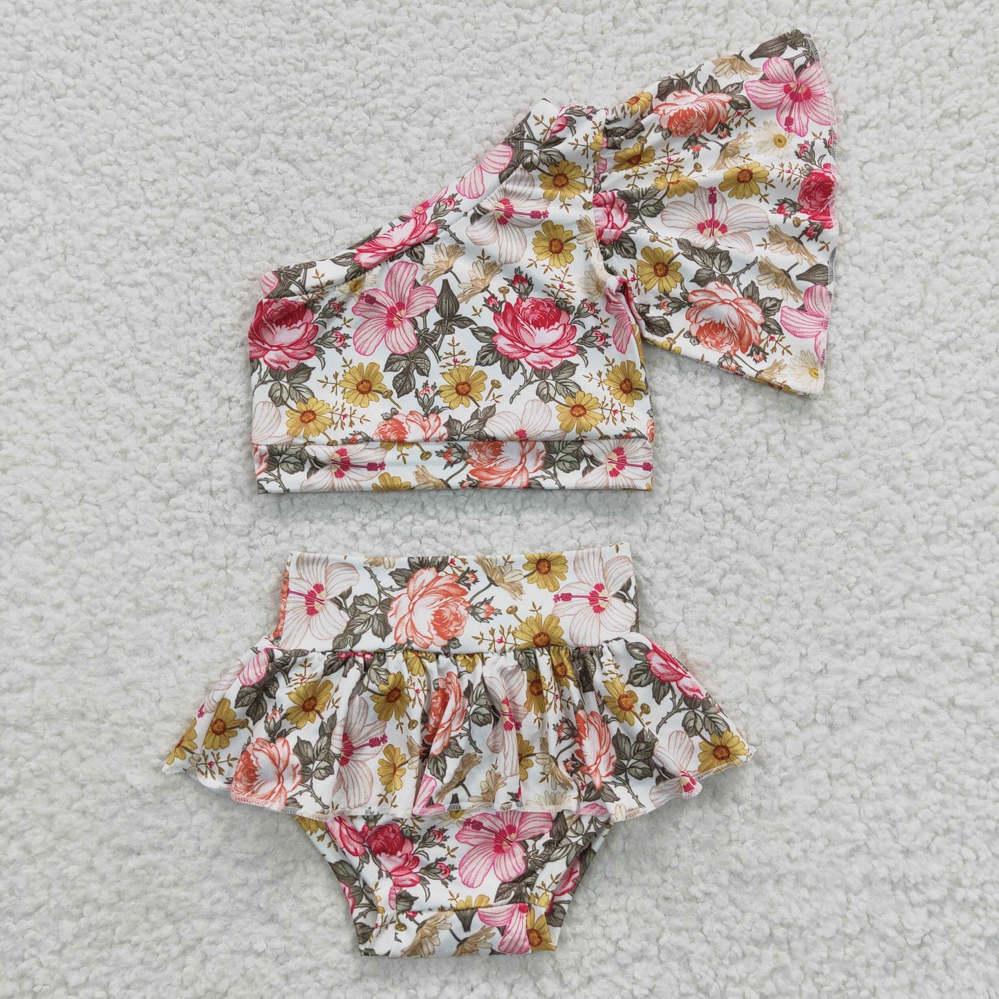 GBO0157  Sales New RTS No Moq Promotion Baby Girls Flowers One Shoulder Bummie Sets