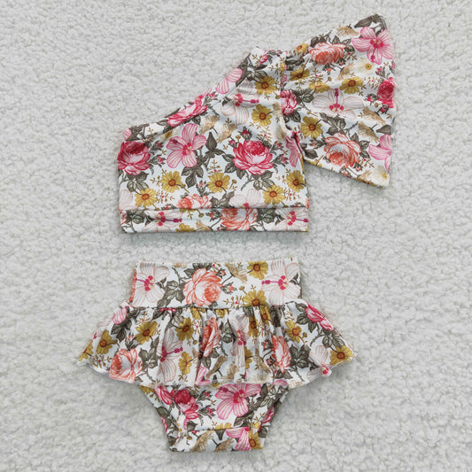 GBO0157  Sales New RTS No Moq Promotion Baby Girls Flowers One Shoulder Bummie Sets