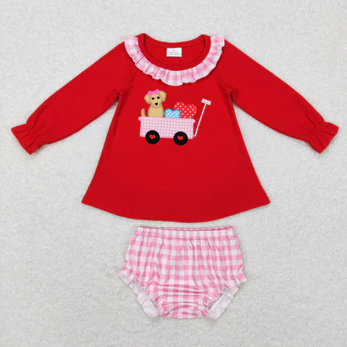 11.5 RTS Sibling Baby Boys Girls Embroidery Dogs Trucks Hearts Pants Bummies Valentine Clothes Sets